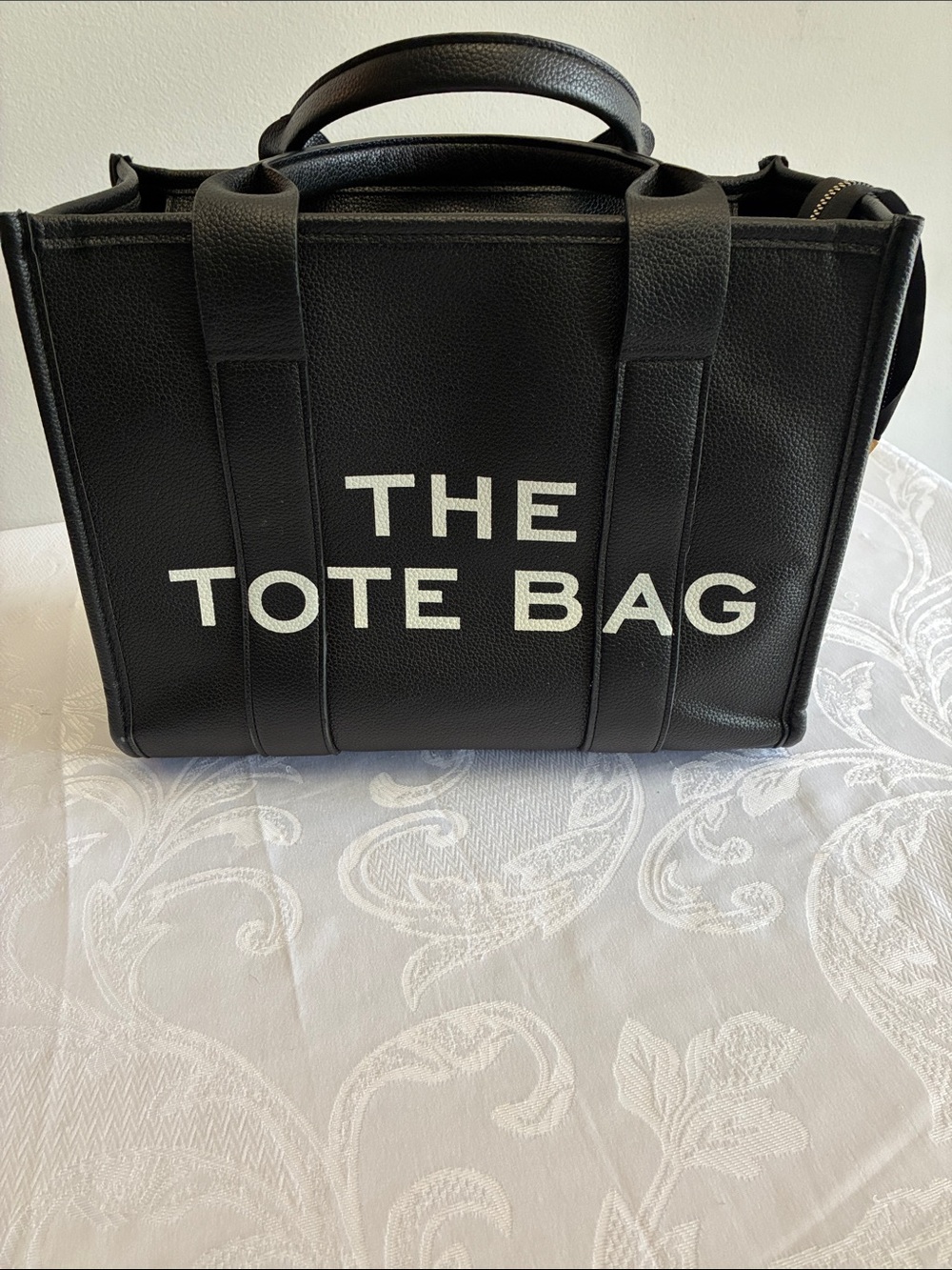 Black The Tote Bag Women's Leather Tote with White Logo